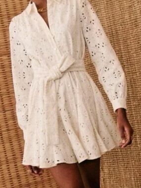 Sezane White Eyelet Tie-Waist Shirt Dress